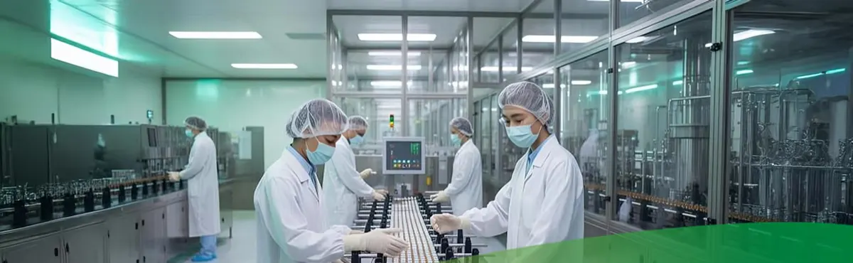 Técnicos con batas trabajando en una línea de producción farmacéutica